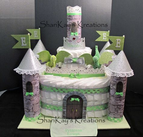 Green & Silver Castle Diaper Cake, custom made. ShariKaysKreations.etsy.com Dragon Diaper Cake, Castle Diaper Cake, Cardboard Box Castle, Diaper Cake Castle, Baby Nappy Cakes, Pamper Cake, Unique Diaper Cakes, Diy Diaper Cake, Nappy Cake