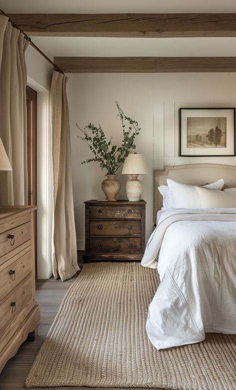 Antique dresser and bed in modern French country bedroom. This modern French country bedroom combines rustic charm with elegant simplicity. The focal point is a vintage-inspired iron bed frame, dressed in crisp white linens and adorned with soft, pastel throw pillows. The walls are a muted, neutral beige, providing a calm and cozy atmosphere. A distressed wooden nightstand holds a simple lamp and a few cherished books, adding a touch of rustic warmth. The floor is covered with a plush area rug Modern Country Bedroom Decor, French Farmhouse Apartment, Country Inspired Bedroom, Neutral Country Bedroom, French Country Lamp, Rustic Neutral Bedroom, Vintage Bedroom Inspirations, Cozy French Bedroom, Neutral Cottage Bedroom