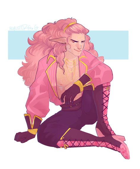 Pink Character Design Male, Pink Elf Dnd, Pink Dnd Character, Aasimar Dnd Male, Firbolg Male, Monarch Aesthetic, Dnd Elves, Bard College, D D Character Ideas