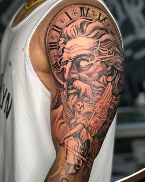 Zeus Tattoo, Father Tattoos, Lion Head Tattoos, Dragon Sleeve Tattoos, Tattoo Outline Drawing, God Tattoos, Half Sleeve Tattoos For Guys, Clock Tattoo, Top Tattoos