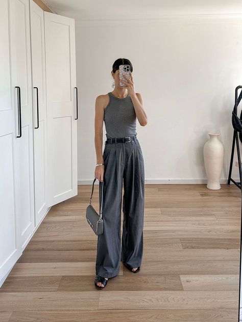 Gray Tank Outfit, Grey Monochromatic Outfit, Grey Trousers Outfit, H&m Trousers, Trouser Outfit, Monochromatic Outfit, Tank Outfit, Monochrome Outfit, Jamie Lee