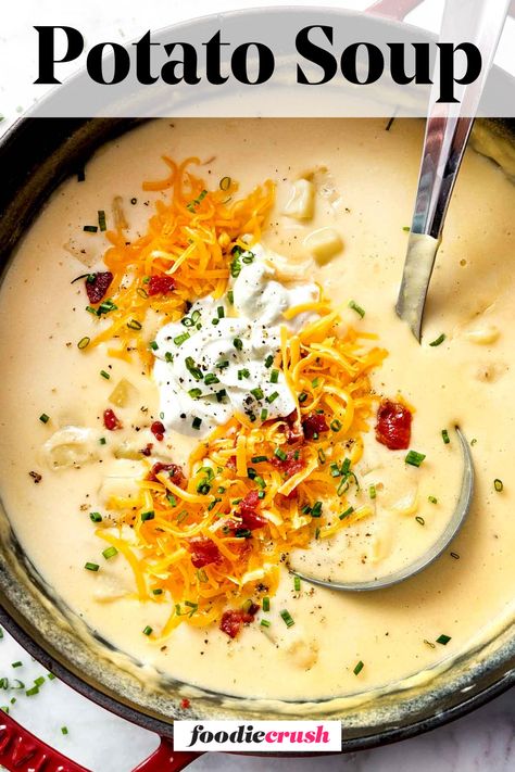 Indulge in a bowl of creamy potato soup without the guilt of heavy cream! This recipe uses simple ingredients like Yukon gold potatoes, bacon, cheddar cheese, and a touch of sour cream to create a rich and flavorful soup.  Thickened with evaporated milk and cornstarch, this soup is guaranteed to satisfy your comfort food cravings. Potato Soup Evaporated Milk, Soup With Evaporated Milk, Yukon Gold Potato Soup, Simple Potato Soup, Potato Cheese Soup, Best French Onion Soup, Fall Eats, Cream Of Potato Soup, Soup Dumplings