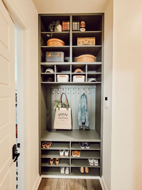 Diy Drop Zone, Small Entry Closet, Interior Garage Door, Modern Shoe Rack, Entry Closet, Entryway Closet, Modern Farmhouse Diy, Shoe Shelves, Hall Closet