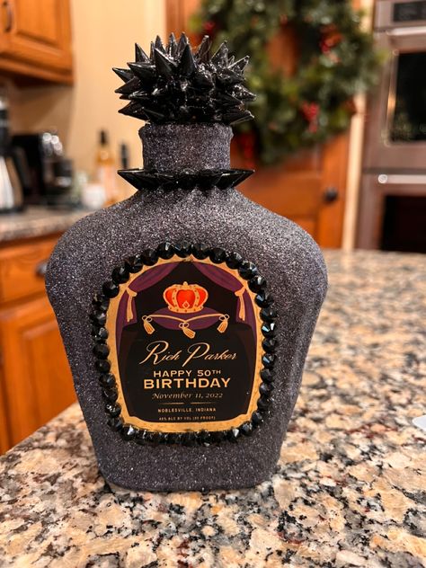 Glitter Crown Royal Bottle, Decorated Crown Royal Bottles, Crown Royal Bottle Crafts Diy, Alcohol Bottle Decorations, Bedazzled Liquor Bottles, Bedazzled Bottle, Reuse Wine Bottles, Decorated Liquor Bottles, Alcohol Bottle Crafts