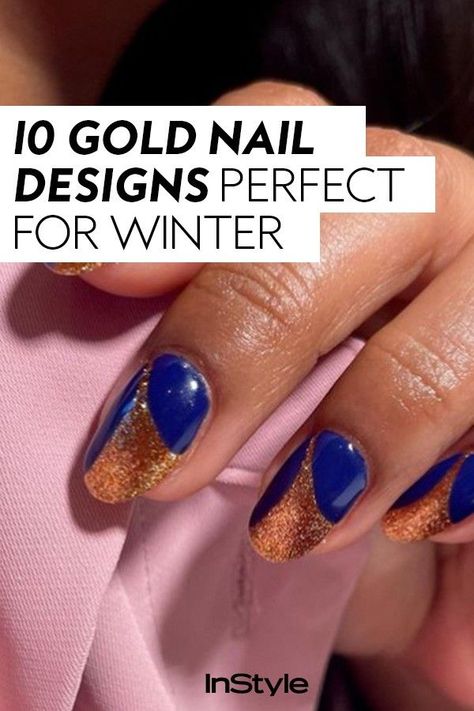 Try these shimmery gold nail designs the next time in you're in the mood for a glam manicure. Gold nails are a great for Christmas nail ideas, winter 2022 nail ideas, and more #manicure #nailart #nails Navy Nails Gold Accent, Blue And Gold Plaid Nails, Navy Blue And Gold Nails Short, Natural Nails Manicure Polish, Blue And Golden Nails, Christmas Nail Ideas Winter, Navy Blue And Gold Nails, Glam Manicure, Nail Ideas Winter