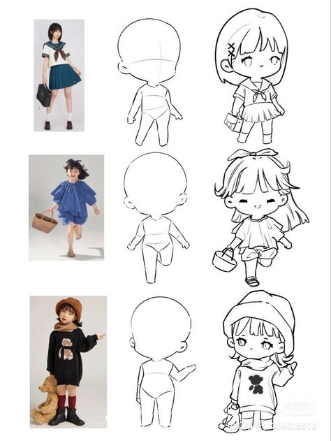 Flirting Expressions Drawing, Cute Chibi Poses Drawing, Chibi Dress Reference, Chibi Character Design References, Chibi Illustration Character Design, Anime Chibi Poses Reference, Cute Poses Drawing Chibi, Chibi Tutorial Step By Step, Chibi Action Poses