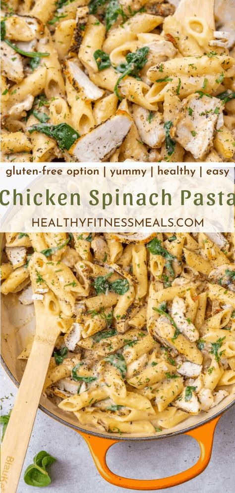 Easy Chicken Pasta Recipes Dairy Free, Healthy Dinners Pasta, Healthy Creamy Spinach Pasta, Chicken Spinach Pasta Recipes Easy, Dinner Recipe With Spinach, Healthy Chicken And Spinach Pasta, Chicken And Greens Pasta, Chicken Pesto Spinach Pasta, Simple Chicken And Spinach Recipes