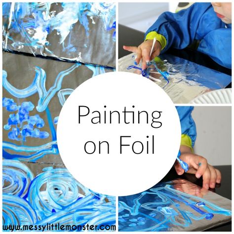 Painting on foil is a simple process art idea for kids. Inspired by Van Gogh's Starry night this activity works on fine motor skills and colour mixing for toddler and preschoolers. Painting On Foil, January Art, Ice Painting, Starry Night Art, Colour Mixing, Winter Preschool, Ecole Art, Tin Foil, Toddlers And Preschoolers