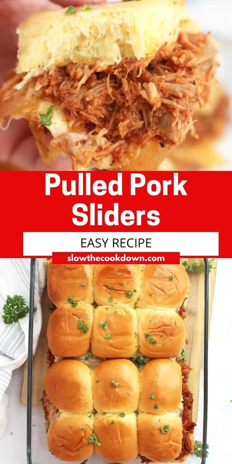 Simple and easy to make with just a few ingredients, these pulled pork sliders are meant for sharing. Made with BBQ pulled pork, caramelized onions and creamy havarti cheese, they are perfect for game day! Maple Pork Chops, Pork Sliders Recipes, Hawaiian Pulled Pork, Sliders Recipes Hawaiian Rolls, Hotdish Recipes, Pulled Pork Sliders, Havarti Cheese, Crockpot Pulled Pork, Pork Roast Recipes