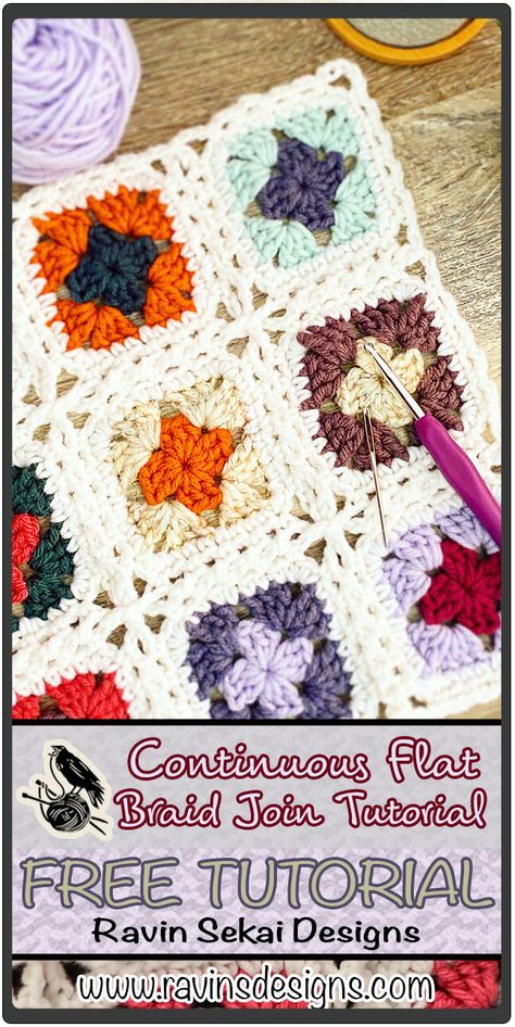 Crochet Flat Braid Join, Flat Braid Join Crochet, Crochet Granny Square Join, Crochet Projects Granny Square, Granny Square Gifts, Geeky Crochet Patterns, Crochet Granny Square Baby Blanket, Joining Crochet, Crochet Joining