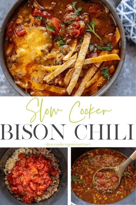 With plenty of health benefits, ground bison is a delicious and nutritious replacement for ground beef. Perfect in this slow cooker chili that’s also easy to make! #slowcooker #bison #chili Bison Chili Recipe, Ground Bison Recipes, Bison Chili, Bison Recipes, Ground Bison, Bison Meat, Meat Chili, Recipes Instant Pot, Chili Recipe Crockpot