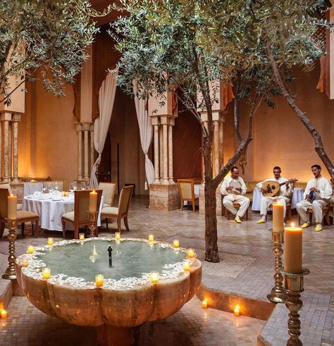 Set beneath a central skylight, Amanjena’s elegant restaurant combines Berber traditions with Moorish, Andalusian and middle-eastern… Honeymoon In Spain, Riad Design, Morocco Honeymoon, Riads In Marrakech, Morocco Hotel, Asia Photography, Moroccan Restaurant, Moroccan Riad, Elegant Restaurants