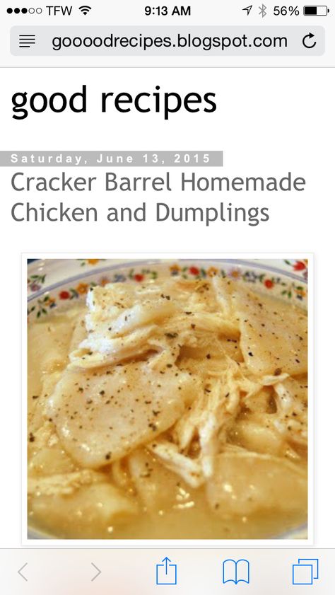 Homemade Chicken Dumplings, Chicken N Dumplings, Cracker Barrel Chicken, Chicken Dumplings Recipe, Homemade Chicken And Dumplings, Chicken Dumplings, Dumpling Recipe, Cracker Barrel, Chicken And Dumplings