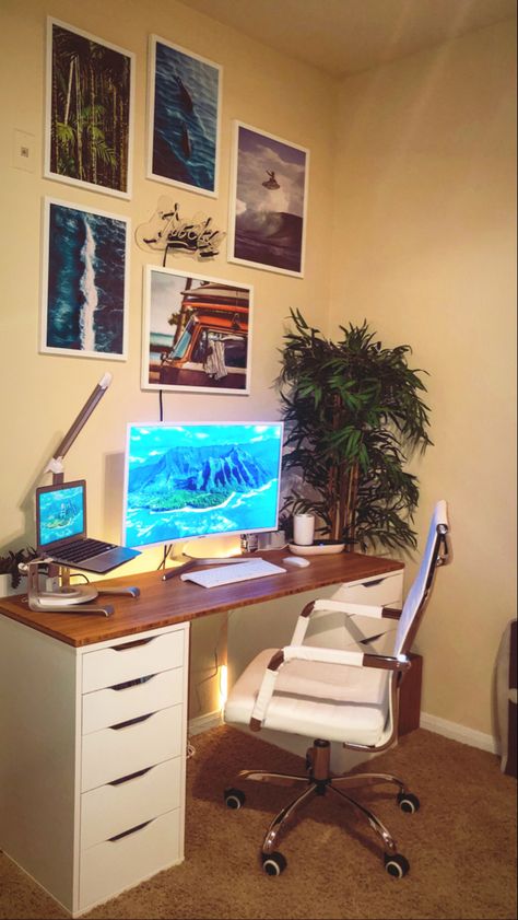 Beach, bedroom desk, gaming setup, beach decor Beach Desk Decor, Beach Setup Aesthetic, Beach Desk, Nature Themed Desk Setup, Ocean Themed Pc Setup, Beachy Bedroom, Bedroom Desk, Study Desk, Desk Setup