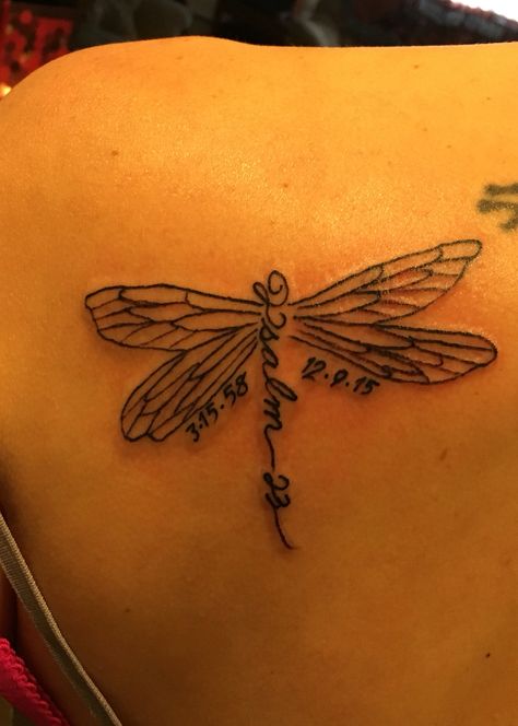 Dragonfly And Lily Tattoo, Dragonfly Memorial Tattoos, Memorial Dragonfly Tattoo For Women, Dragonfly Tattoo With Date, Memorial Tattoos Mom Dragonfly, I Am Enough Dragonfly Tattoo, Date Tattoos, Dragonfly Tattoo, Sunflower Tattoo