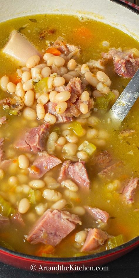 Pot of ham and bean soup with ham bone. Navy Bean Soup With Ham Bone, Ham And Bean, Navy Beans, Soup Beans, Ham Bone, Ham And Beans, Ham And Bean Soup, Slow Cook, Leftover Ham