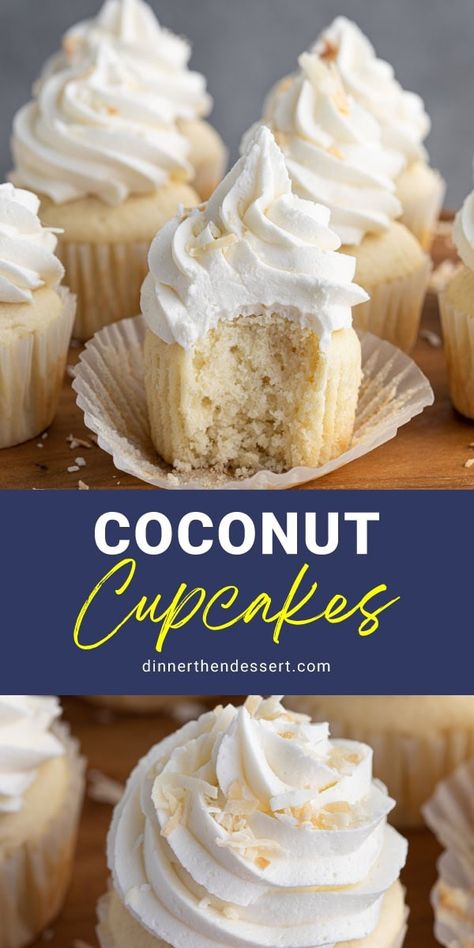 Easy Coconut Cupcakes are tender fluffy cupcakes packed with coconut flavor, plus a coconut buttercream frosting and toasted coconut flakes! Coconut Cake Cupcakes, Coconut Cupcakes From Cake Mix Boxes, Coconut Buttercream Frosting, Coconut Cupcake Recipes, Cake Mix Cupcakes, Boozy Cupcakes, Fluffy Cupcakes, Coconut Buttercream, Moist Cupcakes