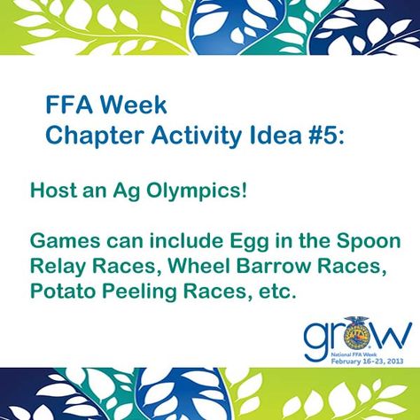 National FFA Week Chapter Activity Idea #5. How ironic that this is idea 5, when D5 will be holding an FFA week ag Olympics! Ffa Week Ideas, Ffa Games, 4h Leader, Ag Olympics, National Ffa Week, Ffa Activities, Ffa Advisor, Agriculture Education Classroom, Ffa Week