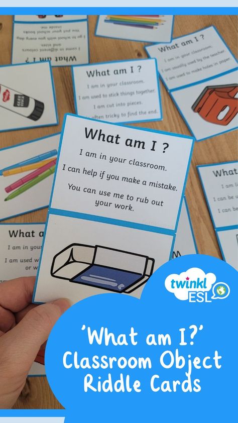 These classroom object riddle guessing cards are the perfect first activity for the new school year in your ESL, EFL or EAL classroom. Eal Classroom, Classroom Object, Support Drawing, Speaking Activities English, School Objects, Esl Reading, English Teaching Materials, High School Activities, English Activities For Kids