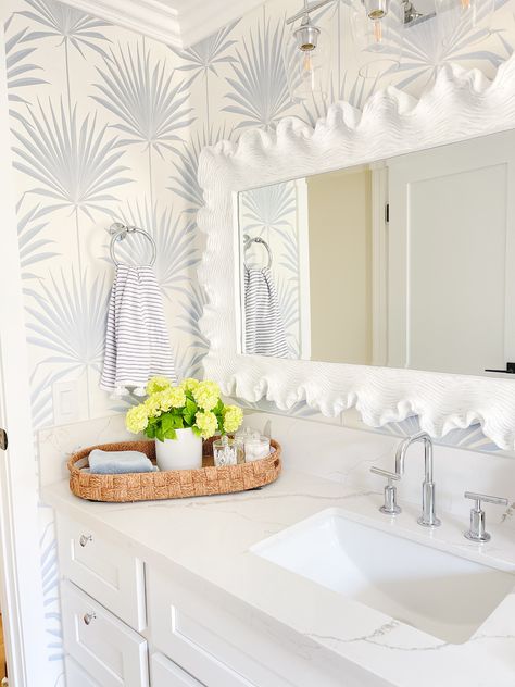 White Coral Mirror Bathroom, Coastal Pool Bathroom, Serena And Lily Design, Full Wallpaper Bathroom, Serena And Lily Interiors, Atoll Mirror Bathroom, Ballard Designs Bathroom, Serena And Lily Beach House, Guest Bathroom With Wallpaper