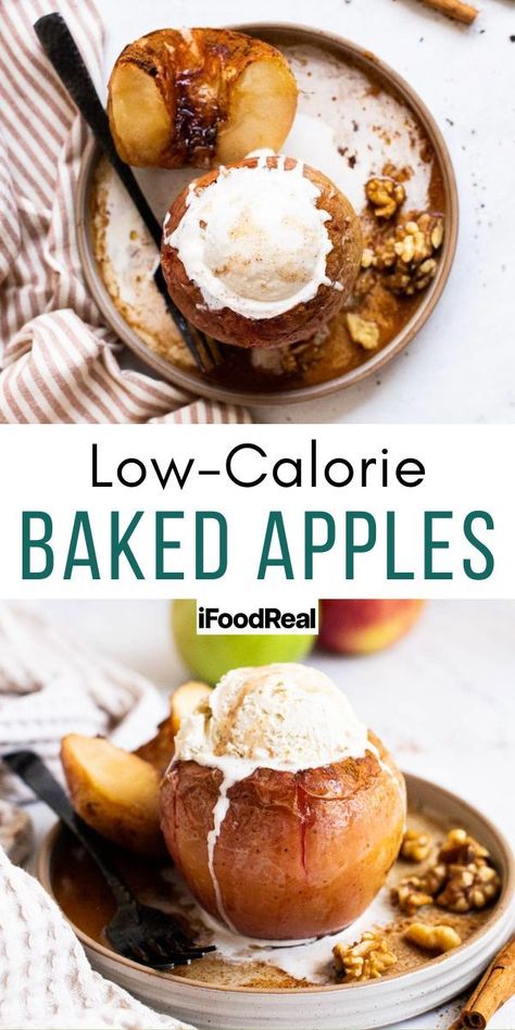 Cozy and warm healthy baked apples with vanilla ice cream. Healthy Easy Apple Desserts, Flourless Apple Desserts, Low Calorie Baked Apples Healthy, Low Cal Fall Desserts, Low Calorie Holiday Recipes, Low Calorie Fall Baking, Low Cal Thanksgiving Recipes, Low Calorie Fruit Desserts, Low Calorie Whole Food Recipes