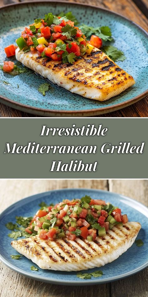 Dive into the vibrant flavors of the Mediterranean with my Irresistible Mediterranean Grilled Halibut. This dish features perfectly grilled halibut topped with a fresh, zesty salsa made from tomatoes, peppers, and fragrant cilantro. It's a healthy, colorful meal that will impress your family and friends. Perfect for summer gatherings or a delightful weeknight dinner! Mediterranean Fish Dishes, Mediterranean Fish Recipes, Halibut Recipes Healthy, Vegetable Salsa, Grilled Halibut Recipes, Halibut Recipe, Homemade Banana Pudding Recipe, Mediterranean Fish Recipe, Grilled Halibut