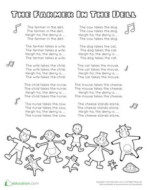 First Grade The Arts Worksheets: The Farmer in the Dell Song The Farmer In The Dell, Song Worksheet, Farmer In The Dell, Transition Songs, Nursery Rhymes Activities, Farm Preschool, Sing Along Songs, The Worksheet, Preschool Music