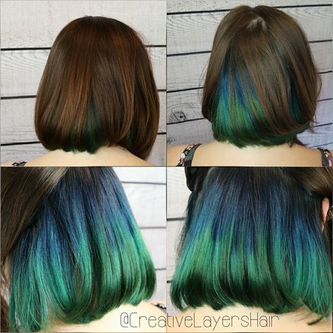 Blue And Green Peekaboo Hair, Under Neath Hair Color Ideas, Hidden Mermaid Hair, Peekaboo Hair Color With Brown Hair, Short Peek A Boo Hair, Aqua Peekaboo Hair, Short Dark Hair With Peekaboo Highlights, Peekaboo Hair Color Short Hair, Blue Peek A Boo Hair