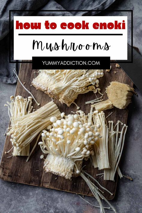 How to Cook Enoki Mushrooms How To Grow Enoki Mushrooms, How To Cook Enoki Mushrooms, Enoki Mushroom Recipes, Enoki Mushroom Recipe, Enoki Mushrooms, Mushroom Stir Fry, Julienned Carrots, Mushroom Dish, Smothered Chicken