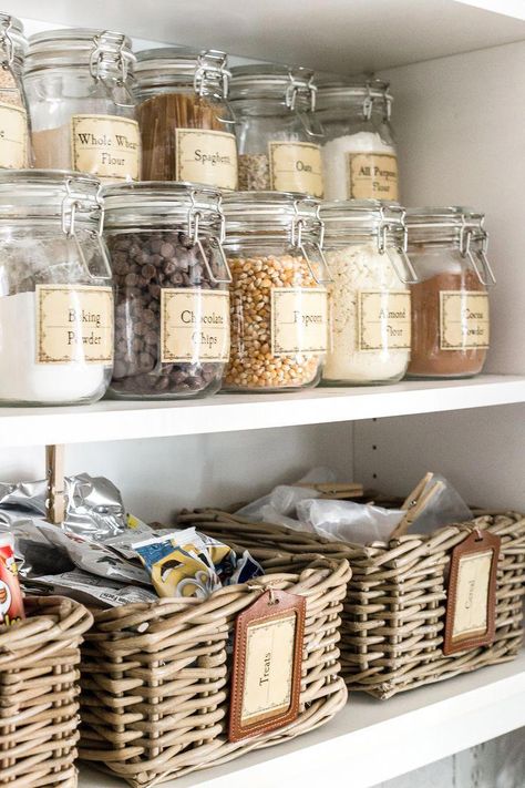 Pantry Cabinet Organization and Free Printable Label Set | blesserhouse.com - A cabinet gets a drastic organization makeover using inexpensive IKEA jars / baskets, hanging storage, and a free pantry label printable set. #organization #FermentationFundamentals Mason Jar Pantry Storage, Pantry Cabinet Organization, Ikea Pantry Organization, Ikea Jars, Small Pantry Closet, Pantry Labels Printable, Free Pantry Labels, Small Kitchen Storage Solutions, Food Organization