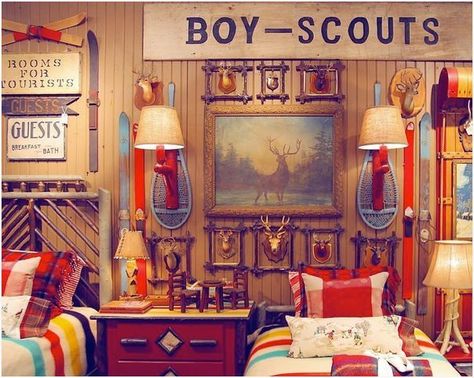 Boy Scout boys room inspiration. Vintage Cabin Decor Living Room, Campy Bedroom, Campy Decor, Camp Cottage, Vintage Boys Room, Adirondack Decor, Lake Cabin Decor, Ski Lodge Decor, Yellow Armchair