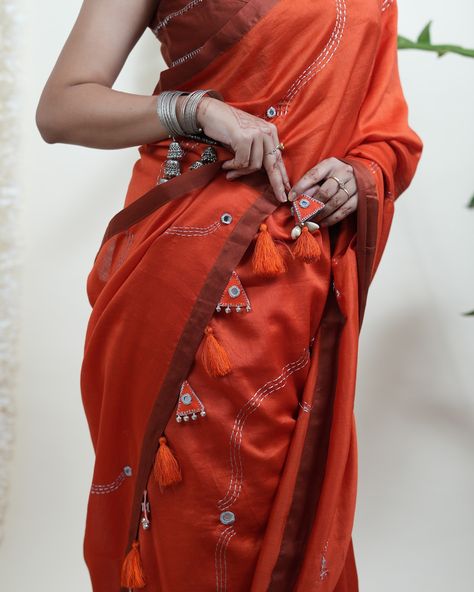 Introducing our new Bindu Saree! ✨ Crafted from handwoven Chanderi silk in a rich burnt orange hue, this stunning piece features darker borders for a striking contrast. Adorned with intricate silver kantha embroidery and delicate mirror detailing, it’s the perfect blend of bold elegance and refined craftsmanship. 🌸💫 #BinduSaree #SaveAsStyle #ChanderiSilk #KanthaEmbroidery #BoldElegance #SustainableFashion #NewArrivals Kantha Embroidery, Burnt Orange, Sustainable Fashion, Borders, Hand Weaving, Saree, Silk, Embroidery, Mirror