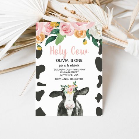 Birthday Cow, First Birthday Pink, Floral Birthday Invitations, Cow Birthday, Cow Gifts, Floral Birthday, Holy Cow, Birthday Invitations Girl, Pink Invitations