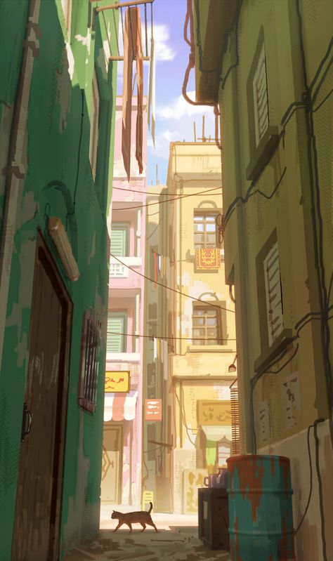 ArtStation - Cat Alley Way, Environment Painting, Bg Design, Scenery Background, City Background, Landscape Illustration, Naha, Visual Development, Environment Design