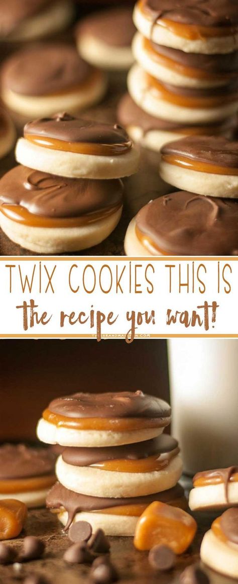 Twix Cookies. Made with a buttery, flaky shortbread base then add some caramel and top with chocolate, these cookies are bound to become a favorite. Mousse Dolce, Twix Cookies, Brownie Desserts, Oreo Dessert, Think Food, Trail Mix, Cookie Desserts, Sweets Treats, Pavlova