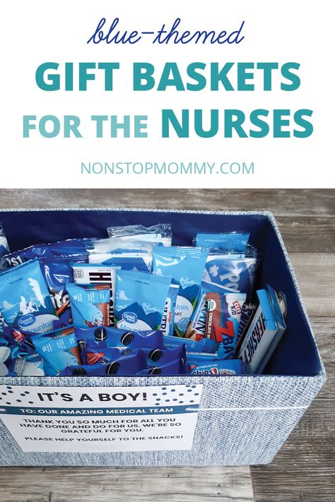 Blue-themed Gift Baskets for the Nurses at nonstop mommy.com. The picture is of a gift basket filled with yummy blue-themed snacks. Snack Basket For Nurses, Nurse Treats For Labor And Delivery, Nurse Goodie Bags For Delivery, Gifts For Nurses After Delivery, Nurse Thank You Gift Labor, Labor And Delivery Nurse Gifts Basket, L&d Nurse Gifts Baskets, Blue Themed Gift Baskets, Nurse Gifts Labor And Delivery