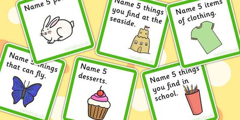 Name 5 Things Categories Card Game Name 5 Things Game, Diy Study Table, Cucumber Trellis Diy, Trellis Diy, Senior Crafts, Spanish Games, Cucumber Trellis, Team Building Games, Preschool Projects