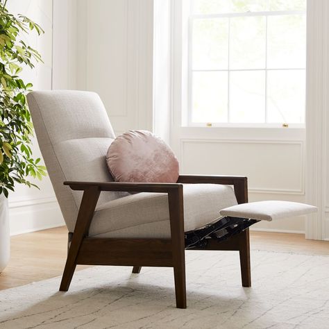 Mid-Century Show Wood Recliner | West Elm Mid Century Recliner, Leather Wing Chair, Modern Recliner, Chair Ideas, Elegant Chair, Chair And A Half, Wood Ideas, Mid Century Chair, Mid Century Modern Furniture