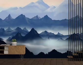 MuralsWallArt - Etsy Wallpaper With Blue, The Office Decor, Panoramic Wallpaper, Mountain Mural, Large Wall Murals, Wallpaper Watercolor, Foggy Mountains, Teenager's Room, Custom Murals