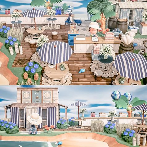 Acnh Beachside Cafe, Acnh Seaside Cafe, Beach Cafe Acnh, Acnh Cafe, Acnh Landscaping, Achn Ideas, Beachside Cafe, Animal Crossing Cafe, Seaside Cafe