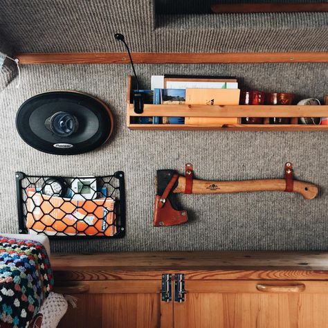 Axe & leather strap storage solutions.                                                                                                                                                                                 More Best Small Rv, Vw Caddy Mk1, Rv Storage Solutions, Kombi Motorhome, T3 Vw, Van Storage, Camper Hacks, Kombi Home, Camper Storage