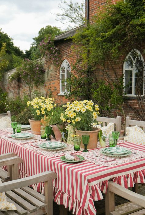 MADE TO ORDER - 2 week lead time With its bold red stripes, this statement tablecloth is inspired by the traditional textiles typically seen in Morocco. Relaxed and playful in style, our frilly tablecloths make for a soft and whimsical addition to your home. Medium - 230cm x 150cm including frill Large - 250cm x 165cm including frill Extra Large - 270cm x 165cm including frill Machine cold wash only. Please email for any enquiries. Striped Tablecloth Wedding, Tea Party Tablecloth, Painted Outdoor Table, Italy House Interior, Gingham Tablecloth Wedding, Tablecloth Aesthetic, Table Setting Dinner Party, Ruffle Tablecloth, Tablecloth Ideas