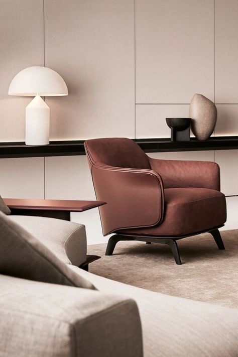 The Kaori armchair, characterized by soft lines and generous volumes, acts as a counterpoint to the Brera sofa, and in general to all the sofas of the Sofas collection that have a strong architectural connotation. Leather Interior Design, Leather Sofa Living Room, Classical Furniture, Furniture Design Chair, Best Sofas, Lounge Armchair, Home Decoration Ideas, Hotel Furniture, Arm Chairs Living Room