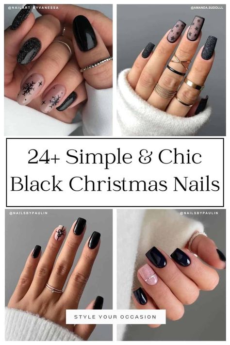 Looking for simple black Christmas nails ideas? You'll love this list of nail designs with short, stiletto, almond, round, coffin nails and more for winter 2023. Black Christmas Nails, Black Gel Nails, Black Nails With Glitter, Holiday Nails Winter, Holiday Nails Christmas, December Nails, Milky Nails, Festive Nail Art, Short Gel Nails