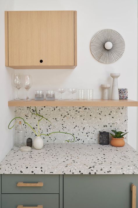 Sunken Dining Room, Kitchen Terrazzo, Terrazzo Counter, Terrazzo Countertop, Terrazzo Kitchen, Modern Remodel, Double Sided Fireplace, Vintage Stool, Green Kitchen