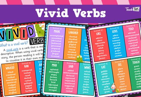 Vivid Verbs Verbs Anchor Chart, Vivid Verbs, Verb List, Third Grade Ela, Verb Chart, Verbs Activities, Verb Words, Teaching Creative Writing, Verbs List