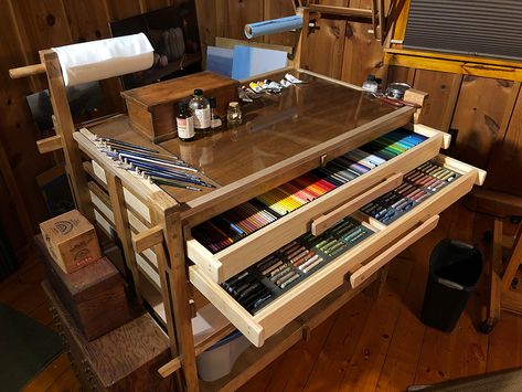 The Studio Taboret Artist, Artroom Organizing, Art Taboret, Artist Desk Workspaces, Sunroom Art Studio, Watercolor Storage, Dream Art Studio, Art Studio Ideas, Art Studio Storage