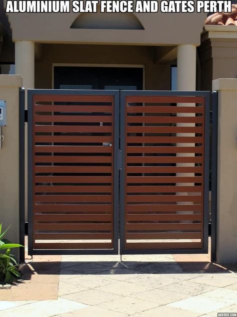 Aluminium Slat Fence and gates Perth Gate Ideas For Home, Simple Gate Designs, Simple Gate Design, Slat Fencing, Simple Gate, Latest Gate Design, Slat Fence, Black Gate, Gate Garden