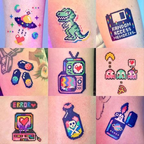 Pixel Tattoo 8 Bit, 80s Aesthetic Tattoo, Simple Video Game Tattoos, Nostalgia Tattoo Ideas, Pixel Art Tattoo, Vaporwave Tattoo, Super Mario Tattoo, Streaming Tips, Evangelion Tattoo