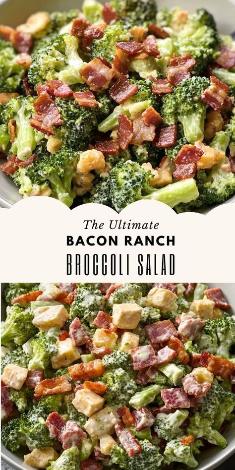 Bacon Ranch Broccoli Salad Ingredients: 5 slices thick-cut bacon (about 9 ounces) 1/2 cup ranch dressing 3 tablespoons white wine vinegar 1/2 teaspoon kosher salt 1/2 teaspoon freshly ground black pepper 1 pound broccoli florets (about 7 cups) 1/2 medium red onion, finely chopped (about 3/4 cup) 3 ounces sharp cheddar cheese, cut into 1/4-inch cubes (about 1/2 cup) #Broccoli #Salad Ranch Broccoli, Veggie Casserole Recipes, Vegetarian Casserole Recipes, Crunchy Broccoli, Vegetable Casserole Recipes, Creamy Ranch Dressing, Vegetarian Casserole, Veggie Casserole, Creamy Ranch